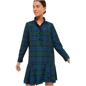 NEW Tuckernuck Blackwatch Tate Dress Green Blue Plaid Mini‎ Ruffle Neck 2XL